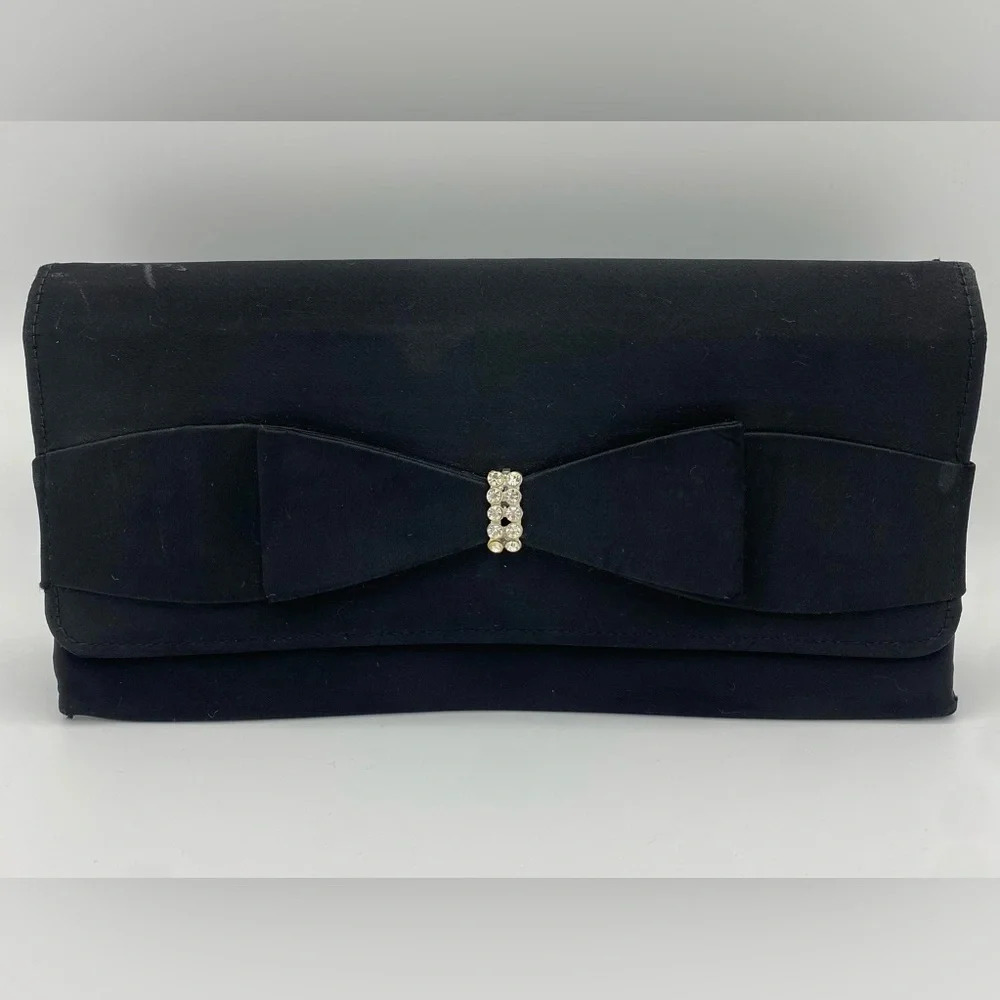 Vintage Formal Black Satin Clutch With Bow Snap Closure